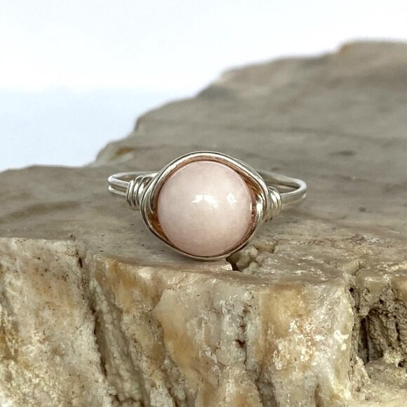 Sterling Silver Wire Wrapped 8MM Pink Rose Quartz Bead Ring Size 6.75 - Picture 2 of 16